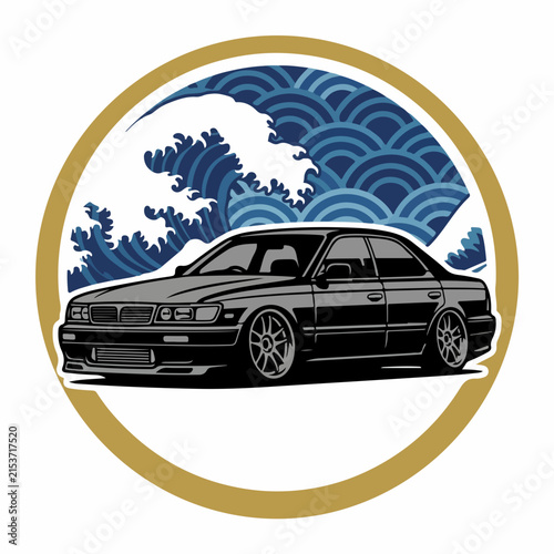 Black Sedan Car with Japanese Wave Design.