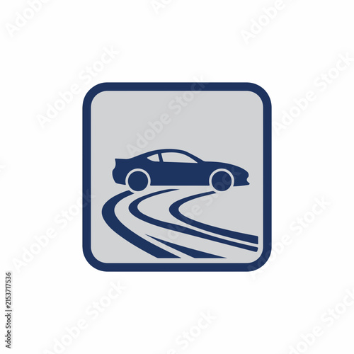 Blue Car Icon on Curved Road Sign.