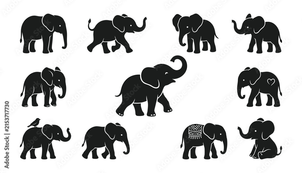 Fototapeta premium African elephant silhouette collection featuring adults, calves, walking and playful wildlife poses.
