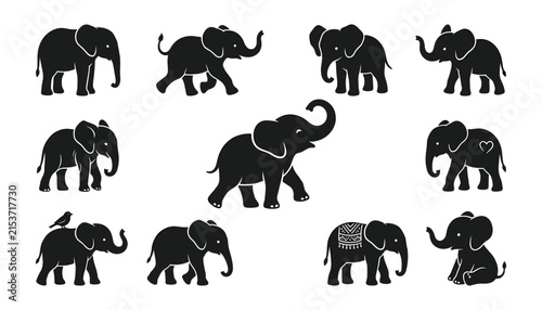 Photography African elephant silhouette collection featuring adults, calves, walking and playful wildlife poses