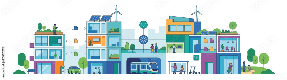 Naklejka premium Sustainable smart city illustration with renewable energy and modern buildings
