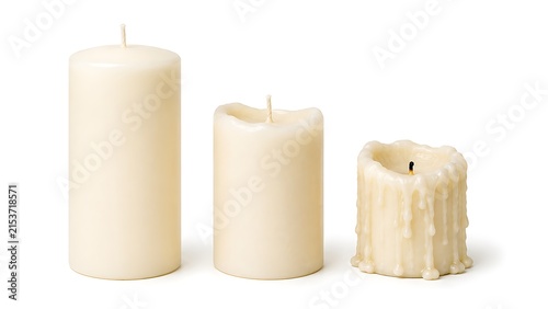 Canvastavla Three white pillar candles showing stages of burning and melting wax for interior decor and relaxation concepts