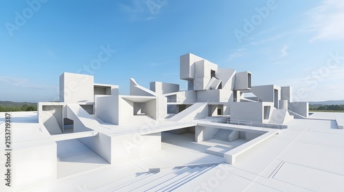 Abstract White Architectural Model With Deconstructed Geometric Volumes