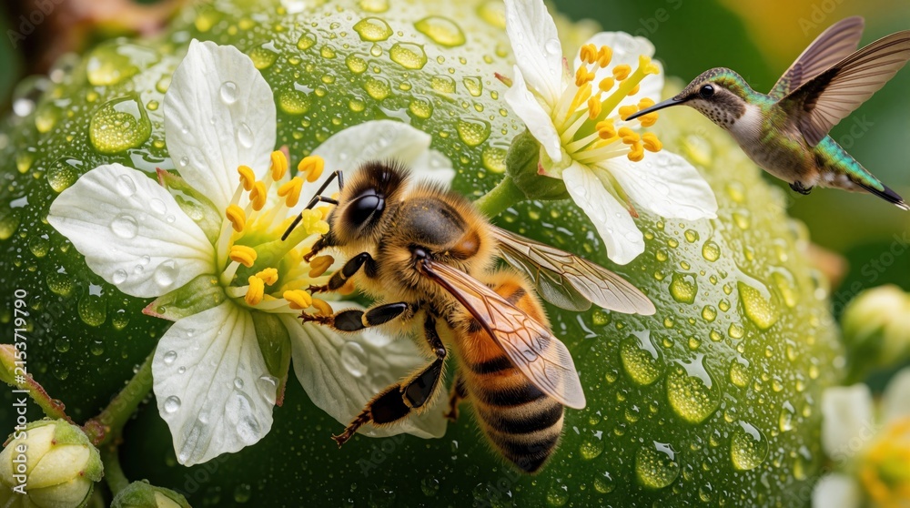 Naklejka premium Macro view of bee on flower collecting pollen, tiny hummingbird drinks nectar nearby. Water drops on green leaf background, summer garden scene, vibrant nature.