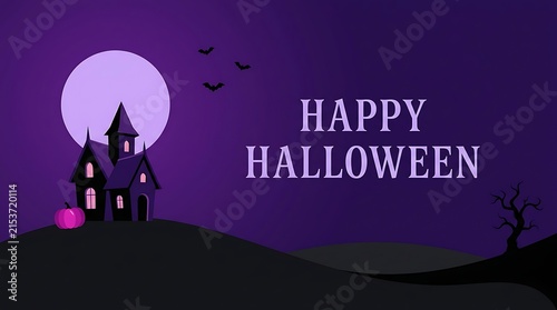 Happy halloween spooky haunted house and full moon purple background