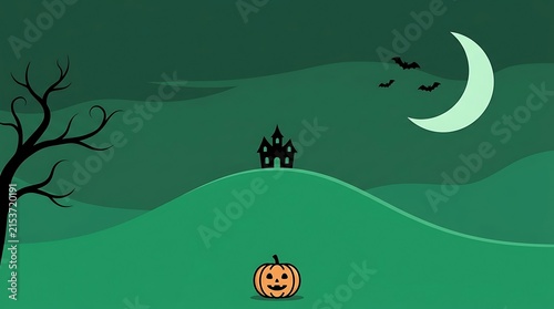 Spooky haunted house silhouettes under crescent moon halloween scene