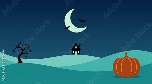 Halloween night landscape featuring haunted mansion and large pumpkin