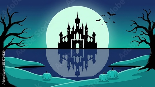 Grand haunted castle silhouette reflected on water halloween graphic