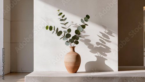 Minimalist ceramic vase with terracotta texture and soft eucalyptus branch shadow on white wall