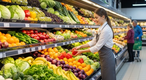Woman selecting fresh produce in a grocery store aisle