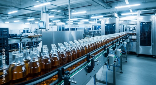 Modern industrial bottling line filling transparent glass bottles in high-tech production facility