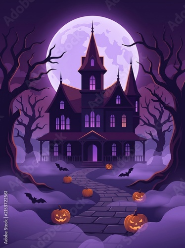 Haunted mansion pixel art scene with pumpkins and full moon halloween architecture atmospheric supernatural illustration silhouette