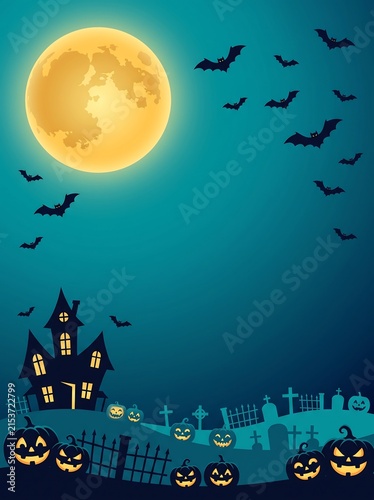 Haunted house and spooky pumpkins in a dark graveyard under a bright full moon with halloween graveyard pumpkins cemetery tombstones