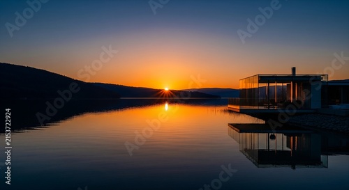 Sunset over tranquil lake with modern house silhouette