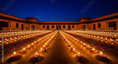 Rows of lit candles in a courtyard at night