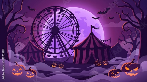 Nighttime halloween funfair scene with ferris wheel silhouettes and glowing pumpkins halloween carnival pumpkins fairground amusement