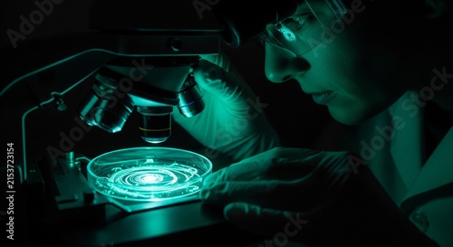 Futuristic scientist examining holographic data interface in dimly lit high-tech lab
