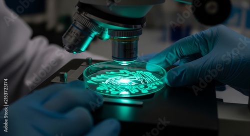 Scientist examining glowing biological sample under advanced microscope in lab
