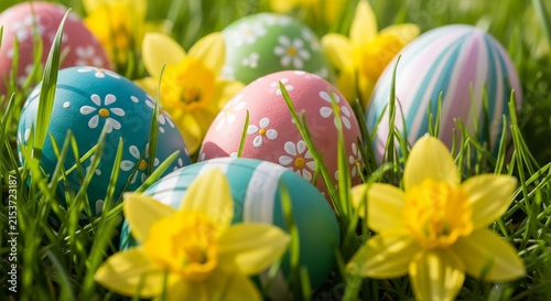 Colorful Easter eggs nestled in vibrant yellow flowers under soft natural light