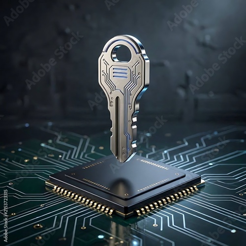 Futuristic digital key floating above integrated circuit microprocessor