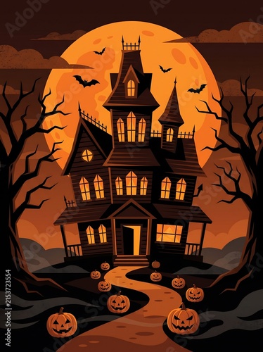 Spooky haunted house mansion with glowing jack-o-lantern pumpkins at night under full moon halloween architecture silhouette abandoned