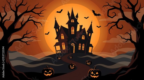 Spooky halloween haunted mansion under large full moon with scattered pumpkins halloween silhouette mysterious abandoned celebration