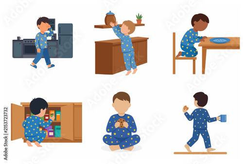 Little boy in star pajamas sneaking midnight snacks in the kitchen, flat vector illustration set of a sleepy child eating cookies and searching for food at night.