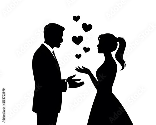Romantic Wedding Couple Silhouette Holding Hands, Elegant Bride and Groom in Love, Black Vector Illustration of Marriage, Romance and Family Celebration