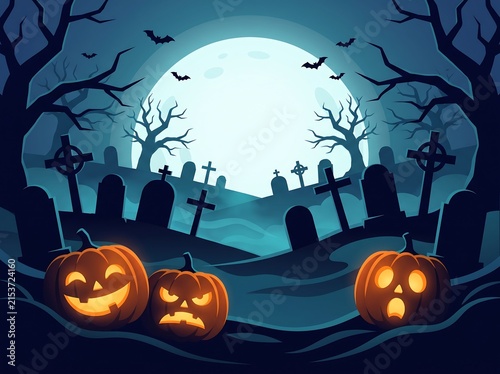 Spooky pixel art cemetery landscape with illuminated pumpkins and a massive full moon at night halloween cemetery graveyard celebration