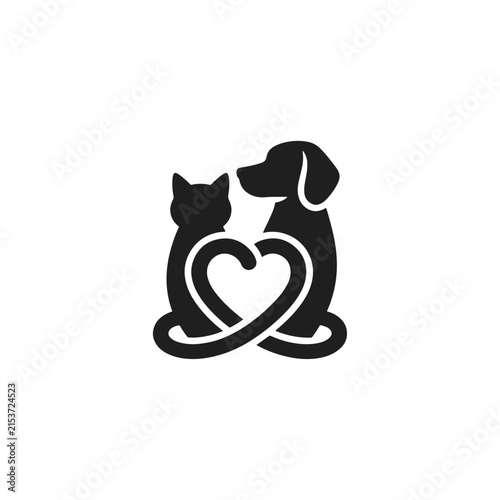 Cat and Dog Together in a Pet House, Black and White Animal Shelter Vector Icon