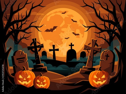 Haunted graveyard scene with stone crosses and glowing spooky pumpkins at night under a large orange full moon with flying bats, graveyard