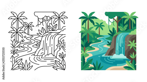 Tropical jungle waterfall and river landscape illustration.
