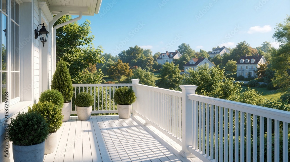Obraz premium White balcony with potted plants overlooks green rolling hills and suburban houses. Sunny day with bright blue sky. Clean modern home exterior.