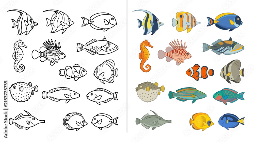 Obraz premium Various tropical sea fish species icons set.