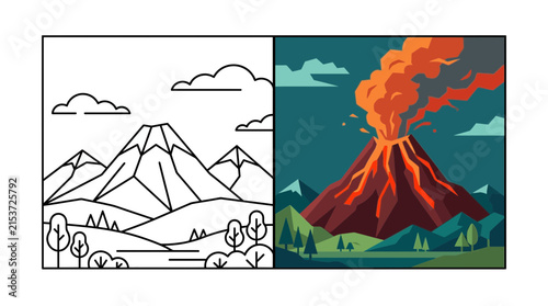 Volcano eruption landscape with mountains and smoke.