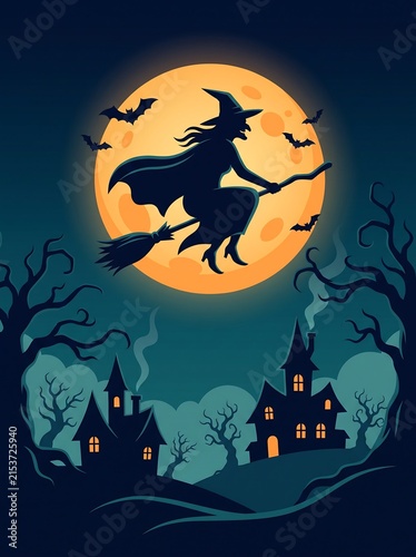 Silhouette of a witch flying on a broomstick against a large full moon over a creepy haunted house at night with halloween, broomstick