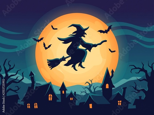 Scary witch flying on broomstick silhouette against large full moon above haunted house and dark trees with halloween broomstick silhouette