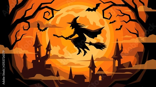Orange halloween art featuring a witch on a broomstick flying over a dark castle silhouette under a large full moon broomstick halloween