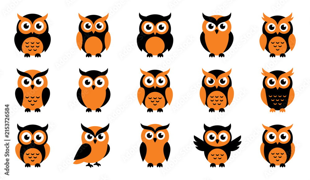 Fototapeta premium A collection of cute cartoon owls in orange and black colors isolated on a white background for various halloween themed design projects