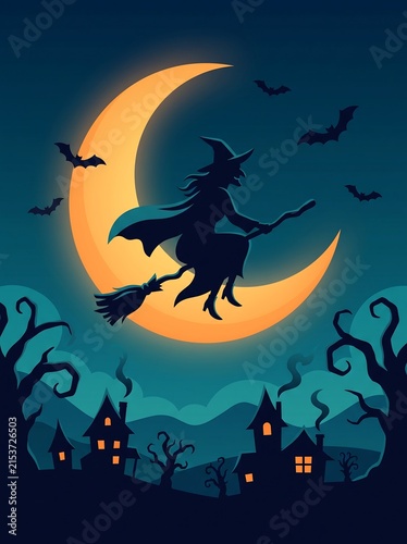 Witch flying on broomstick against glowing crescent moon above silhouette of haunted town with broomstick crescent halloween silhouette