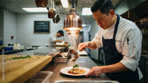Chef meticulously plating seared scallops with a delicate sauce in a busy restaurant kitchen with steam rising Keywords: chef, cooking, kitchen, restaurant, plating, food