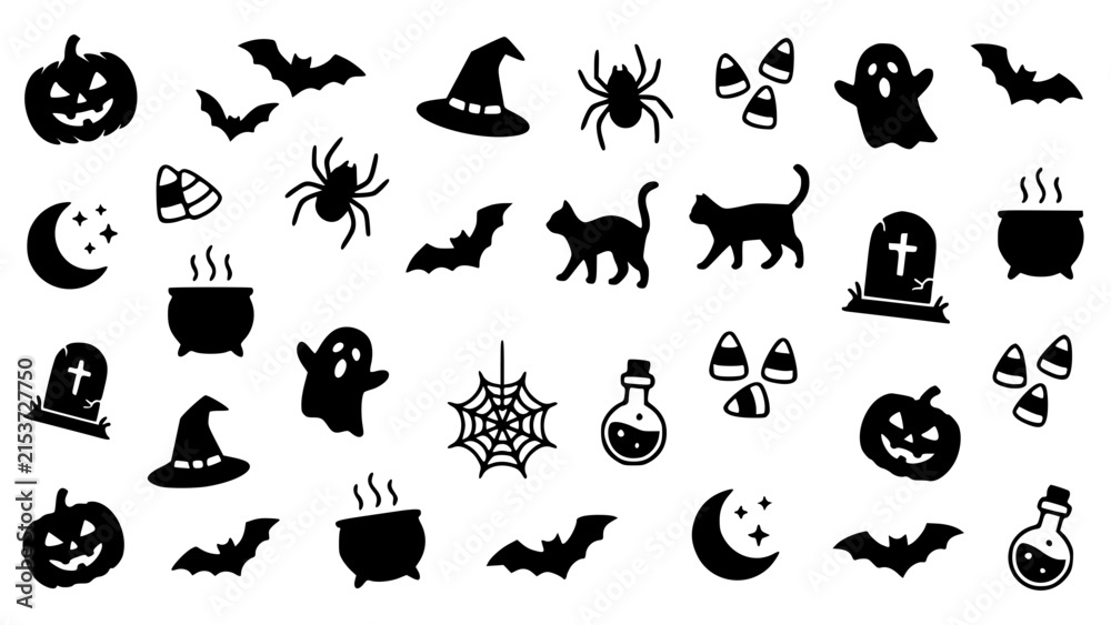 Obraz premium Halloween vector set with flat black silhouettes of spooky holiday icons and symbols
