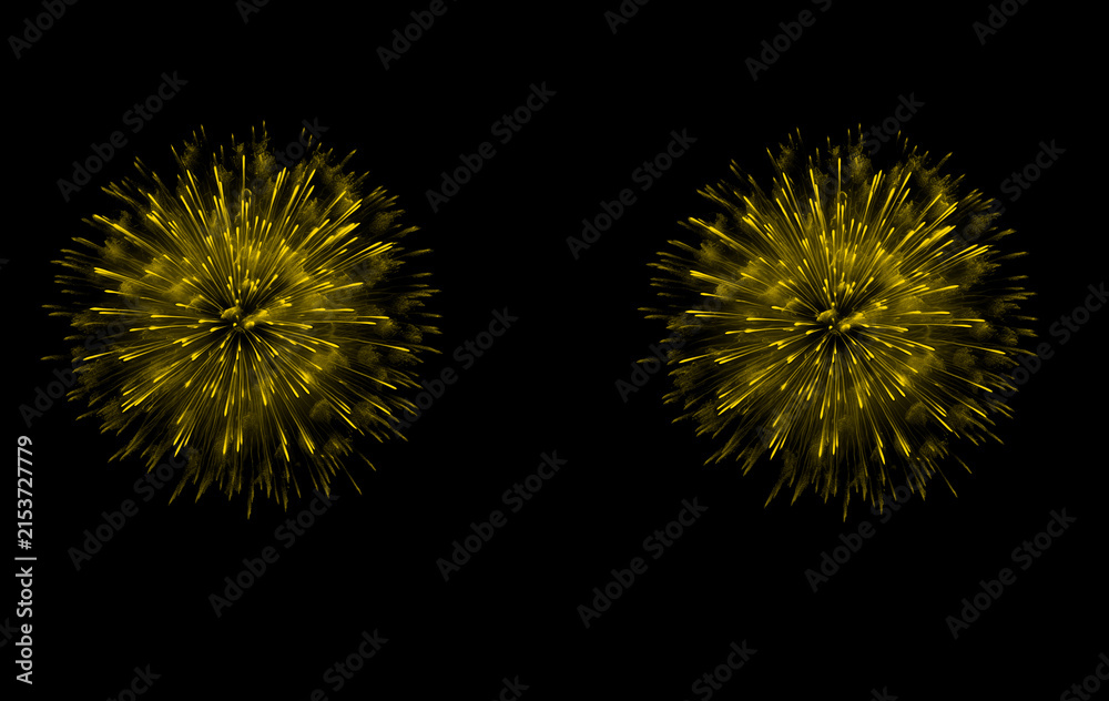 Obraz premium Bright Yellow Symmetrical Firework Explosions Brush Set – Radial Spherical Bursts on Black Background for Photoshop and Digital Art