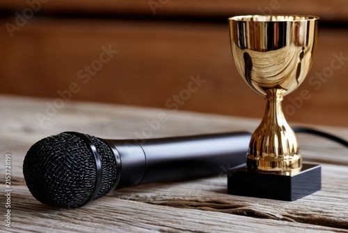 Black wired microphone lying on a rustic wooden table next to a small shiny golden trophy with a blurred brown background