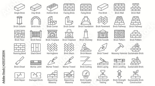 Bricklaying and masonry tools icon set including architectural patterns and brick varieties.