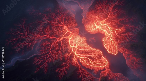 Visualization of cardiovascular system as glowing river delta seen from above, heart as central lake, red and orange bioluminescent tones