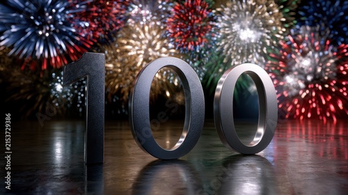 Metallic number 100 with vibrant colorful fireworks bursting in the dark night sky celebrating a milestone or special occasion with reflections on a polished su
