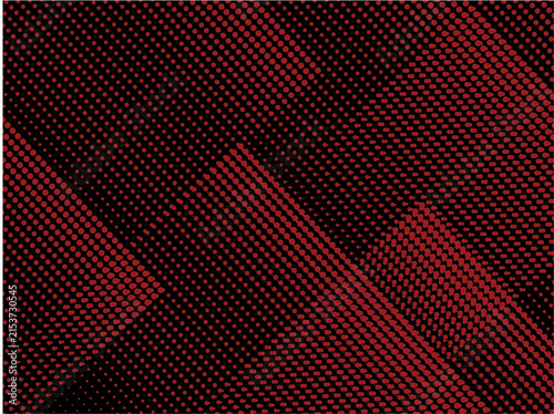 Abstract red halftone dot pattern on a black background featuring flowing diagonal waves, curved contours, and varied circular dot sizes. Dynamic geometric texture with a bold optical effect.