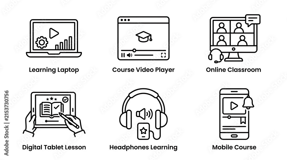 Fototapeta premium Online Education and E-learning Line Icon Set