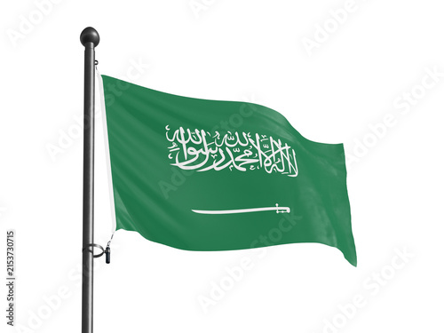 Fotografie Saudi arabia national flag waving on flagpole against black background with real